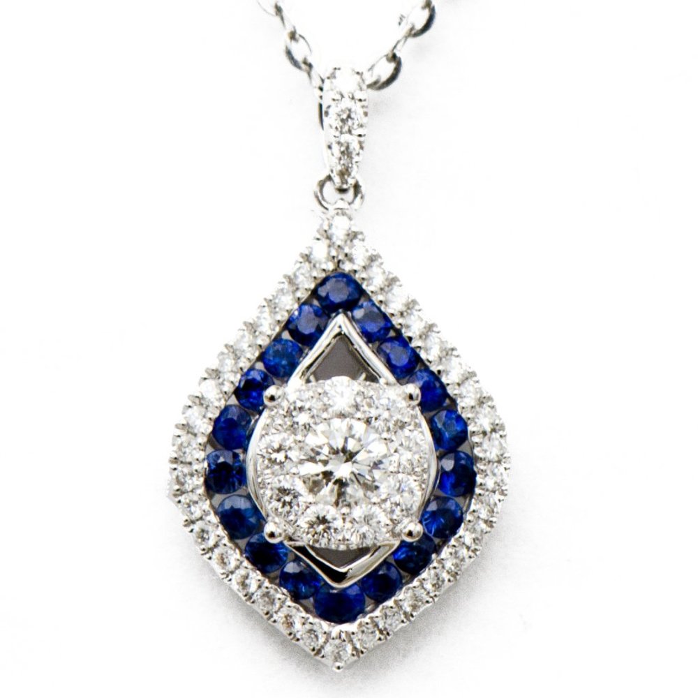 18k White Gold Sapphire Double Halo Drop Pendant